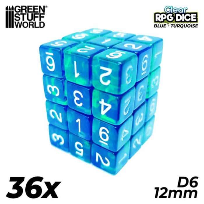 36x Dados D6 12mm - Azul/Turquesa Transparente
