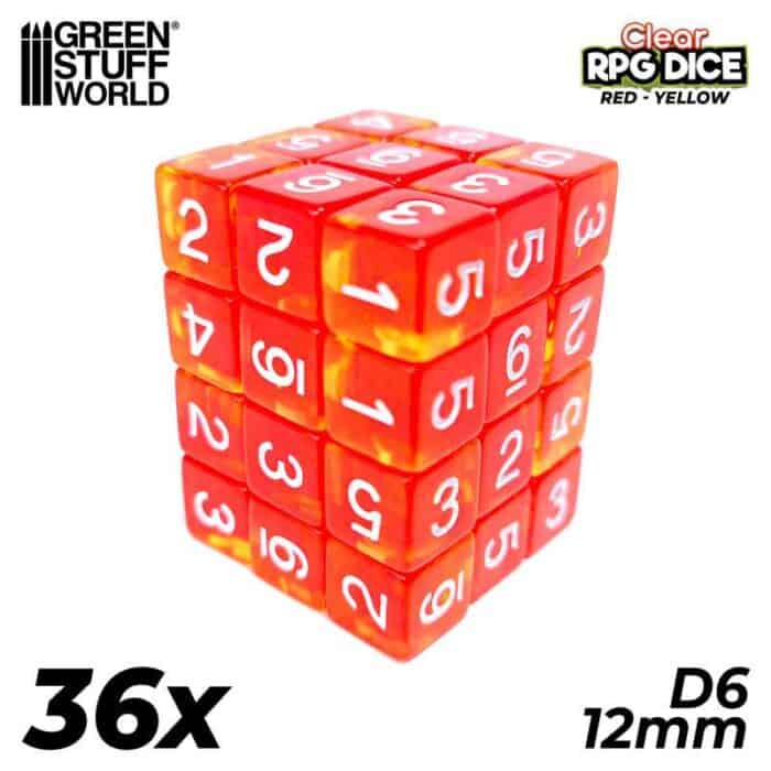 36x Dados D6 12mm - Rojo/Amarillo Transparente