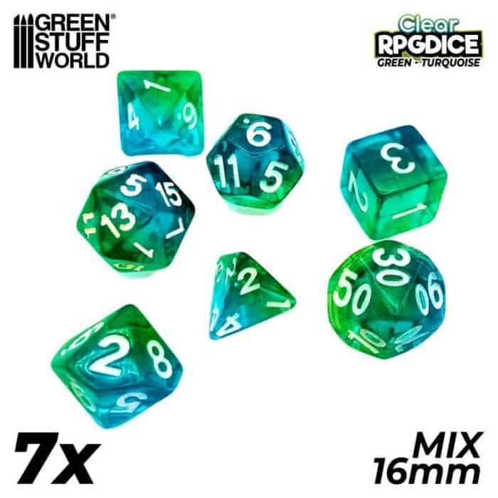 7x Dados Mix 16mm - Verde - Turquesa